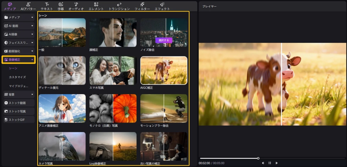 画像補正機能のインターフェース