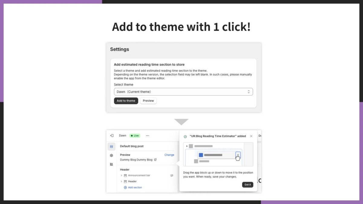 ウェブサイトに「推定読書時間」セクションを1クリックで追加する手順を示す画像です。テーマ選択後、アプリが追加され、テーマエディタでブロックを配置する方法が説明されています。