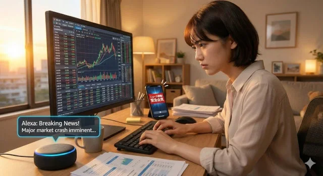 自宅で株価チャートを監視する女性が、スマートスピーカーとスマートフォンから市場暴落の緊急速報を受け、不安そうな表情を見せています。経済の危機感を伝える一枚です。