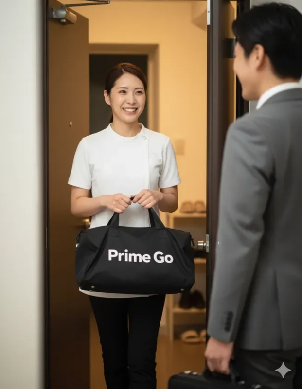 玄関で笑顔の女性が男性を迎え入れています。女性は「Prime Go」と書かれた黒いバッグを持っており、何らかの訪問サービスを提供している様子です。