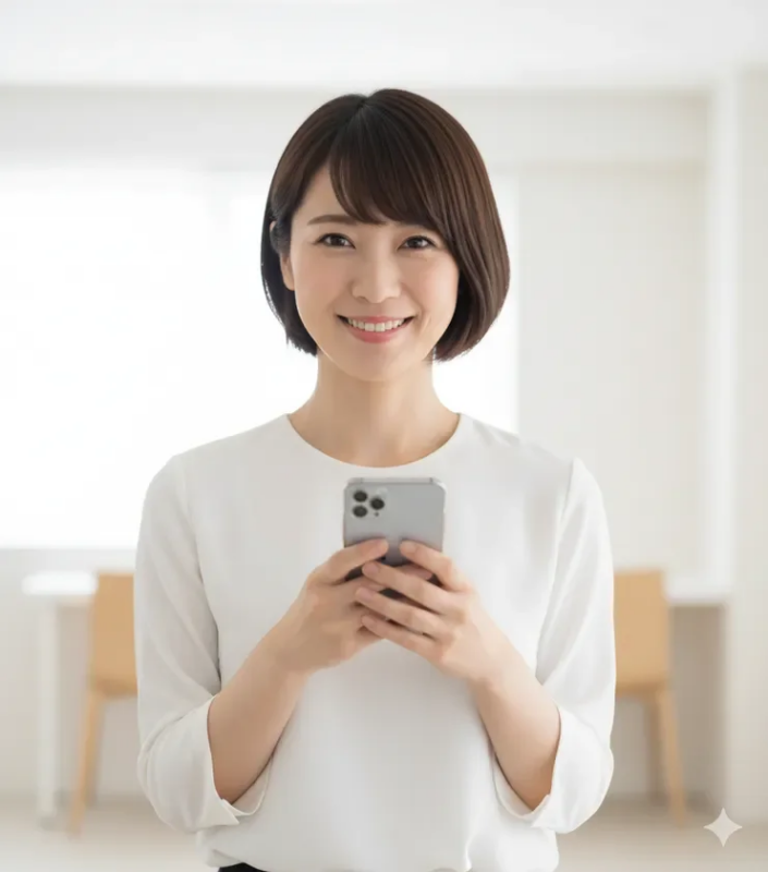 白いシャツを着た笑顔のアジア人女性が、明るい室内の背景でスマートフォンを両手で持っています。親しみやすく、リラックスした雰囲気の写真です。