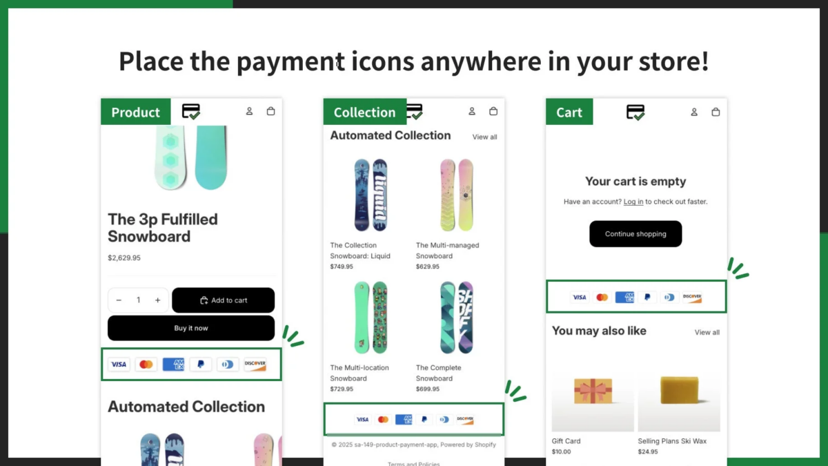 ストアのあらゆるページに決済アイコンを表示できる