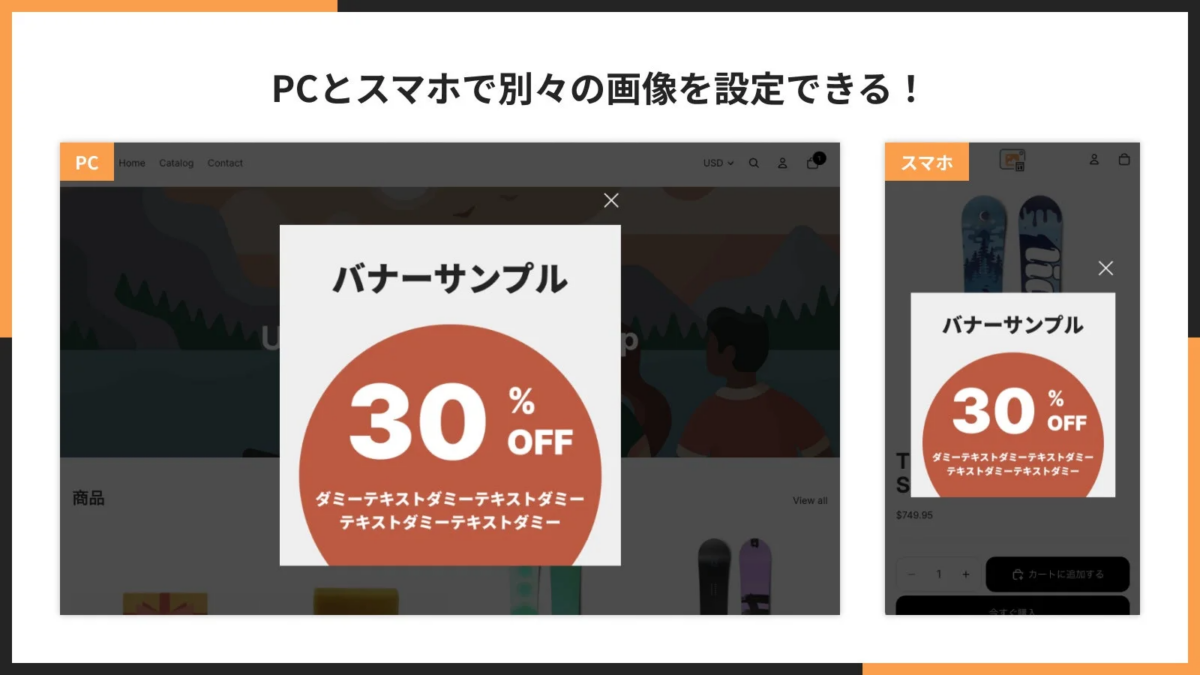 PCとスマートフォンで別々のバナー画像を最適に表示できる機能を紹介する画像