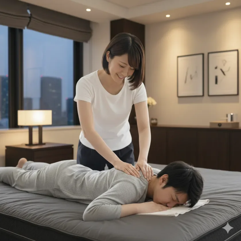 寝室のベッドで、女性が男性の肩を優しくマッサージしている様子です。男性はうつ伏せになりリラックスしており、女性は笑顔で施術しています。窓の外には夜景が見え、穏やかな時間が流れています。