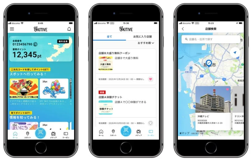 「SKITIVE」というモバイルアプリの3つの画面。ポイント残高、クーポン、体験チケットの表示、そして地図を使った店舗検索機能が示されており、ロケーションベースのサービスを提供している様子がわかる。