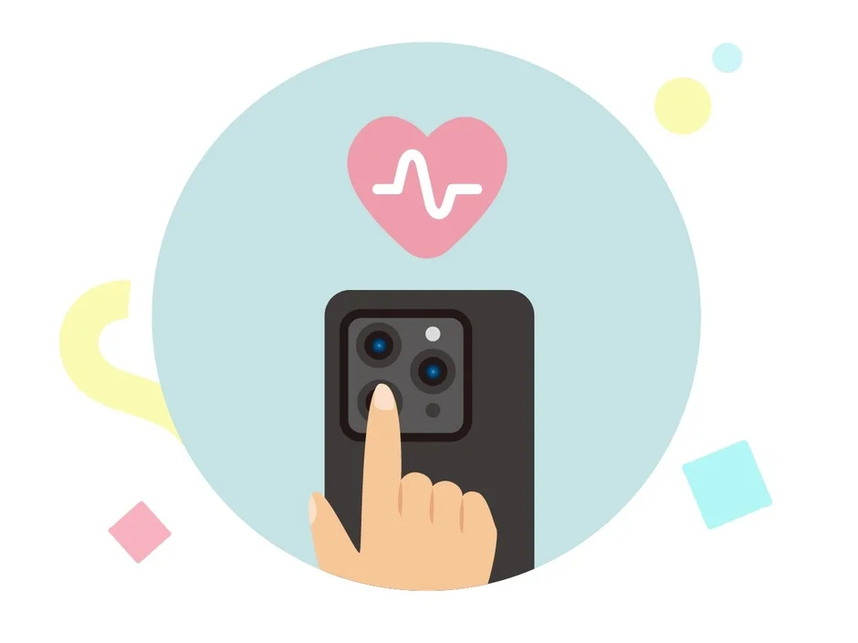 スマートフォンのカメラに指を当て、心拍数や健康状態を測定する様子を描いたイラストです。ヘルスケアアプリやデバイスの利用を示唆しています。