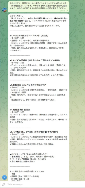 渋谷エリアでの焼き鳥店推薦チャット