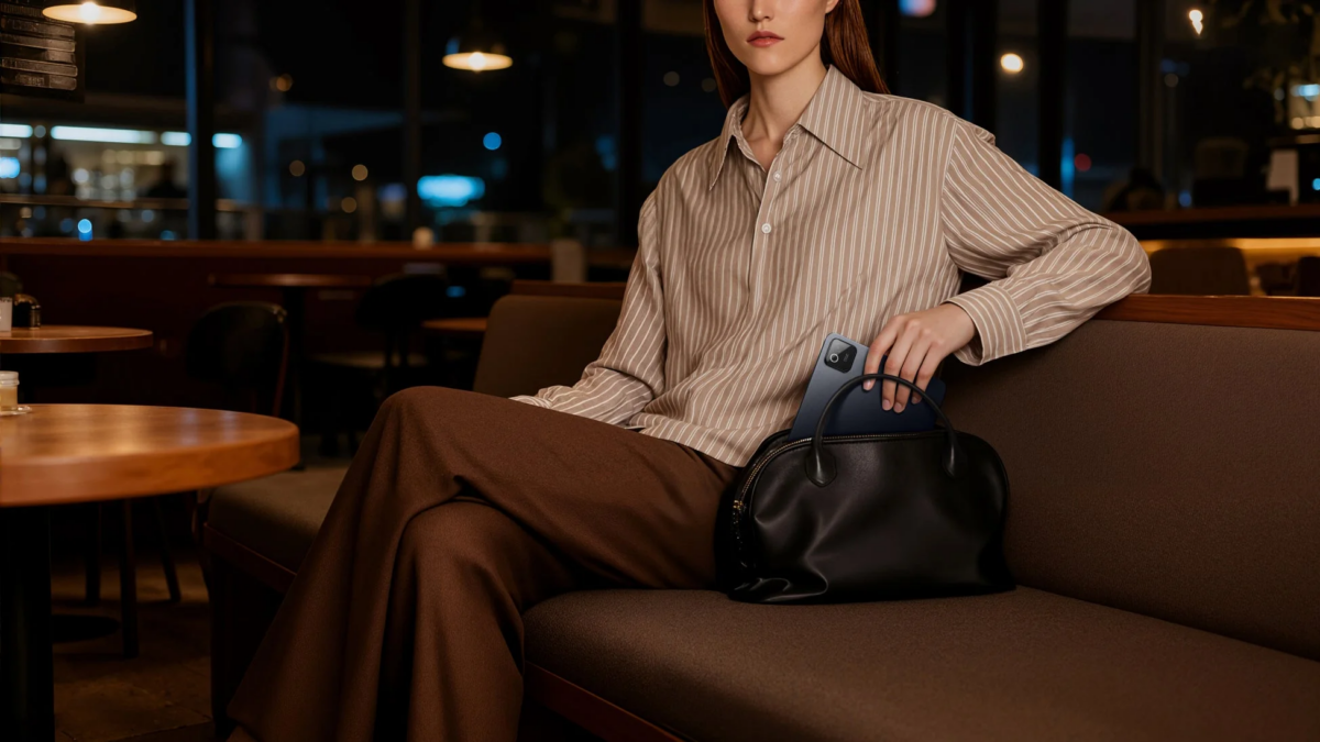 カフェでスマートフォンを使う女性