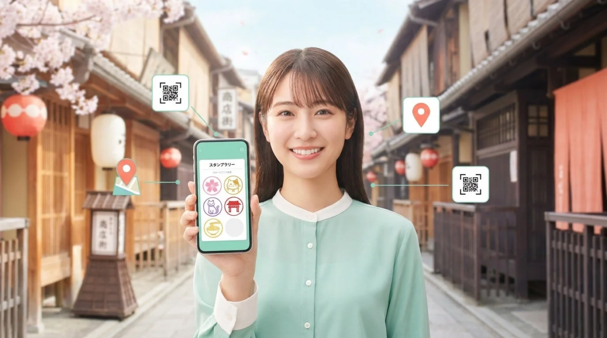 笑顔の女性がスマートフォンを掲げている画像