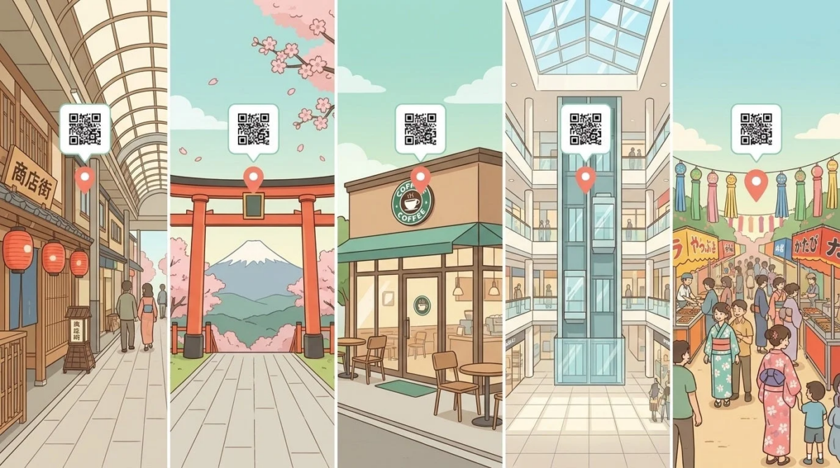 日本の様々な場所をテーマにした5つのイラスト