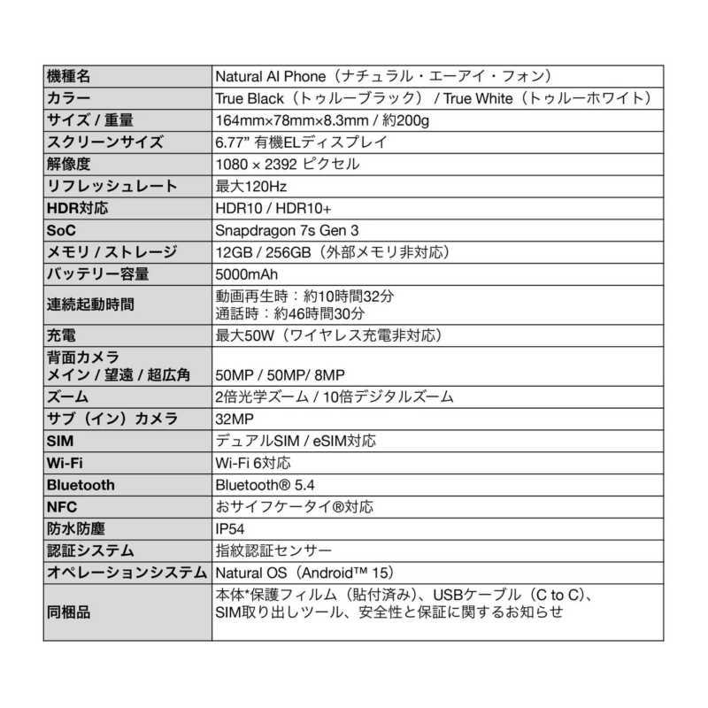 Natural AI Phoneの製品仕様