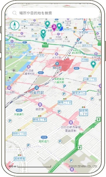 スマートフォンに表示された地図アプリの画面