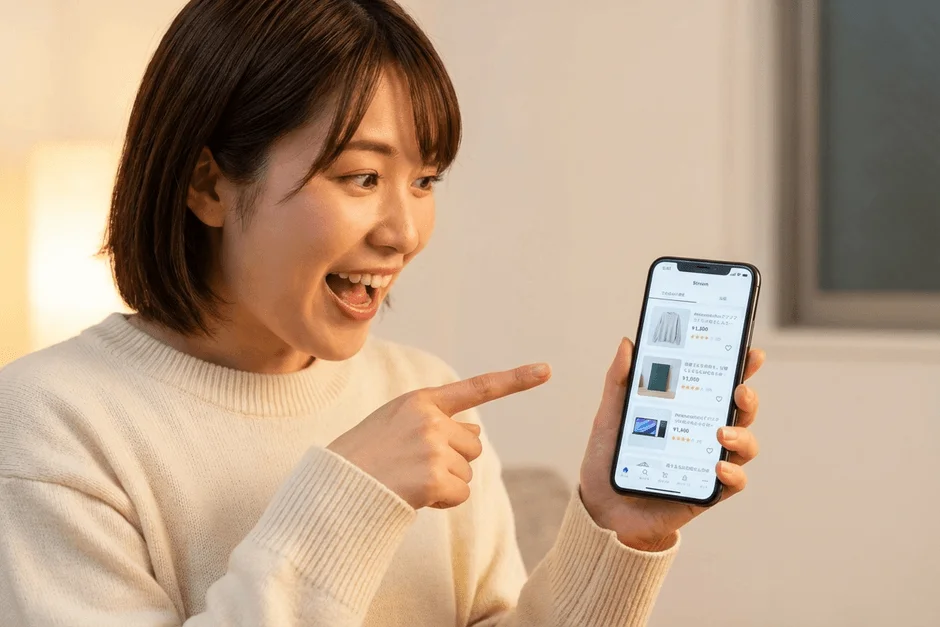 スマートフォンでオンラインショッピングを楽しむ女性