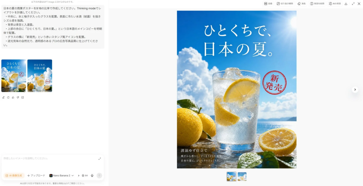 日本の夏をテーマにした新発売の柚子ドリンクのポスター。青空と海を背景に、氷と柚子の入ったグラスが爽やかさを演出し、「ひとくちで、日本の夏。」というキャッチコピーが印象的です。