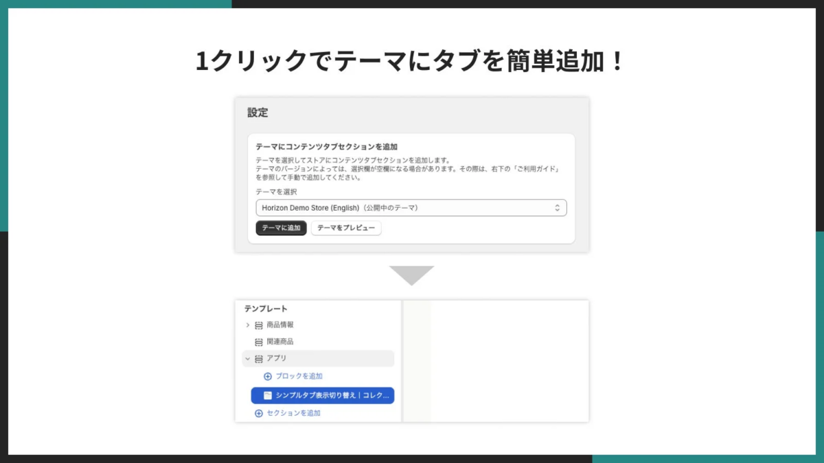 Eコマースサイトのテーマにコンテンツタブセクションを追加する手順を示した画面キャプチャ。