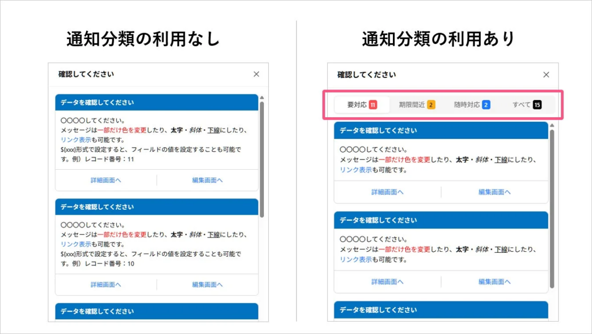 通知分類の利用有無の比較画面