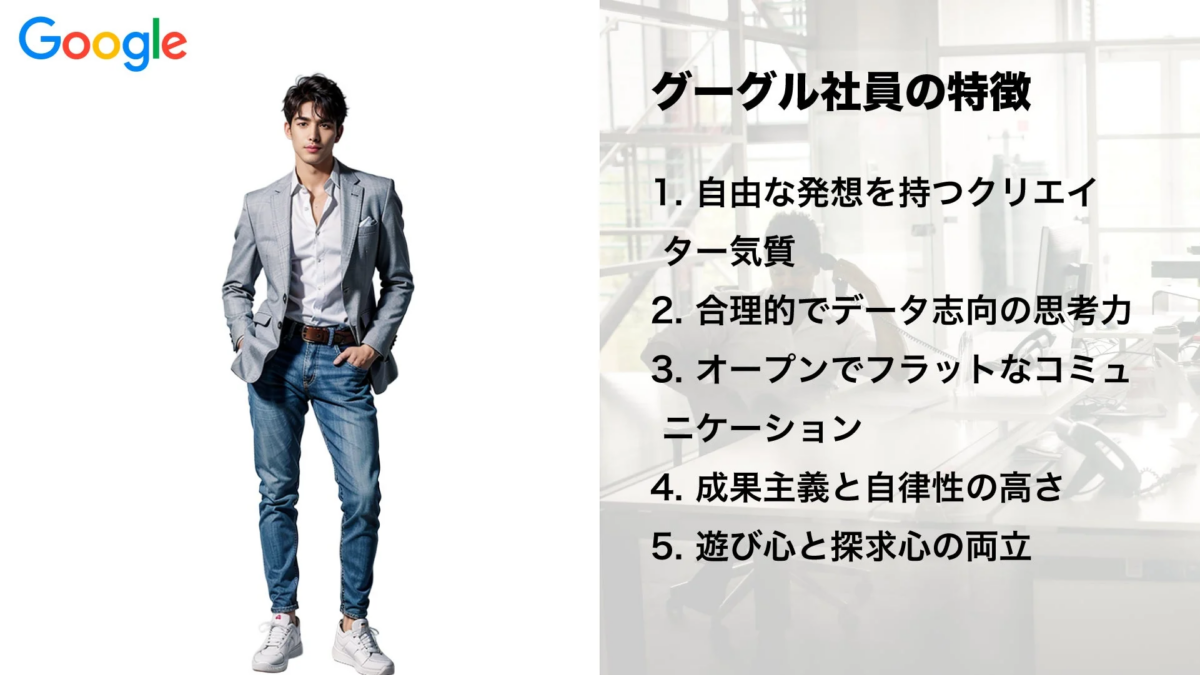 Googleのロゴとビジネスカジュアルな男性の画像。グーグル社員の5つの特徴として、自由な発想、データ志向の思考力、オープンなコミュニケーション、成果主義と自律性、遊び心と探求心の両立が挙げられています。