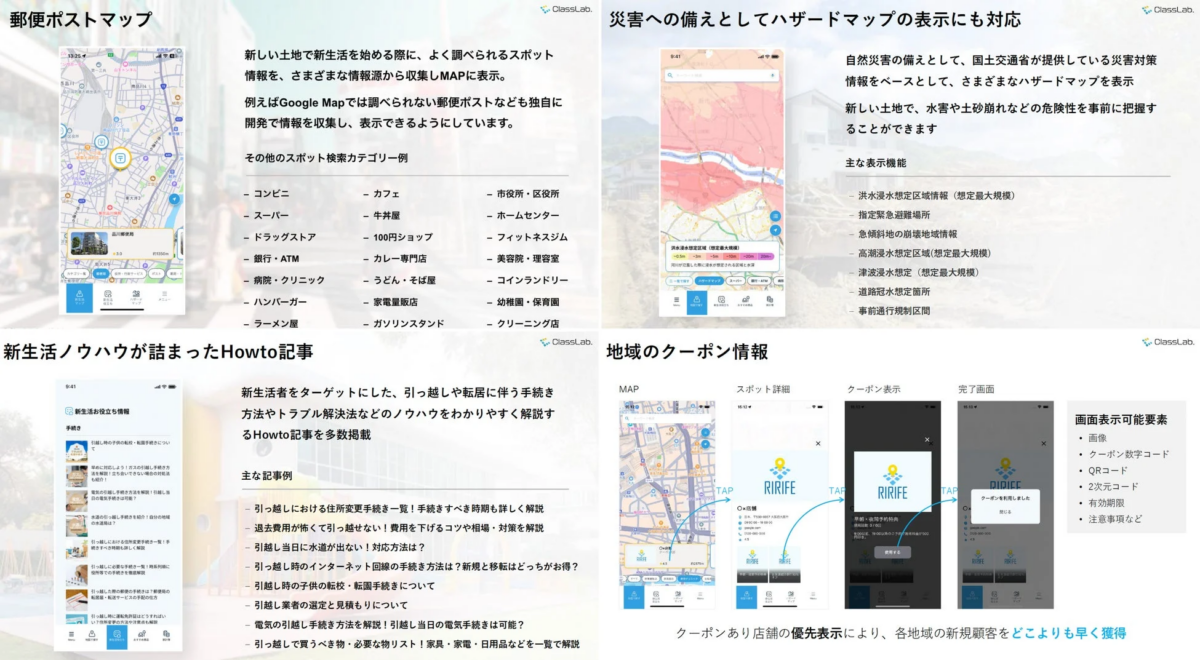 郵便ポストマップ、新生活ノウハウ、ハザードマップ、クーポン情報