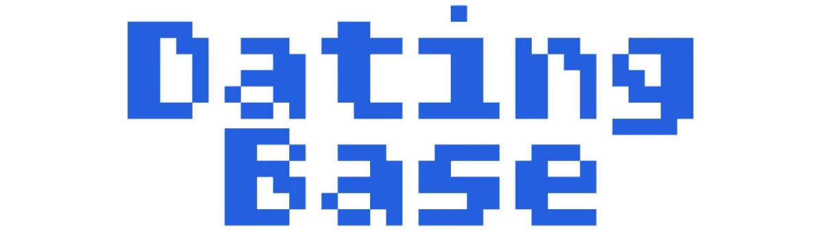 白い背景に青いピクセルアートで「Dating Base」という文字が書かれています。レトロなゲームのようなドット絵のフォントが特徴的です。