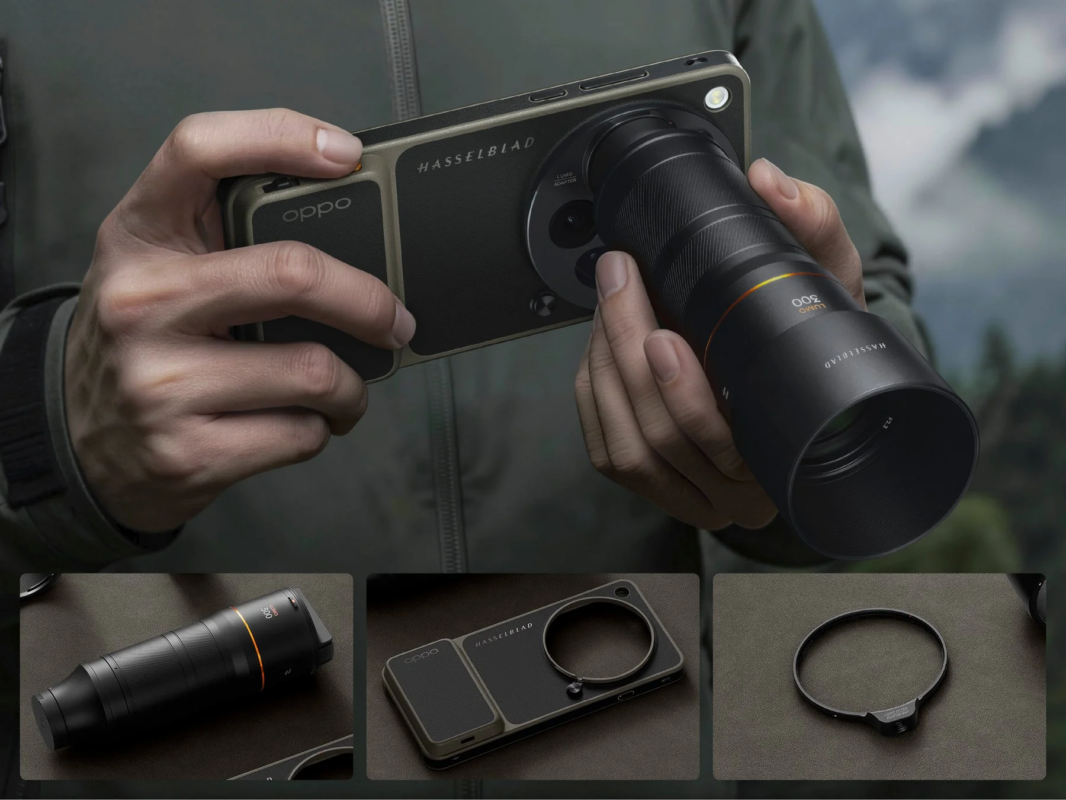 OPPOスマートフォンにHasselbladの外部カメラレンズを取り付けている