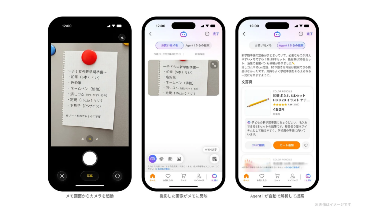 手書きの買い物メモをスマホアプリで撮影し、AIが解析して新学期準備に必要な文房具を提案する機能