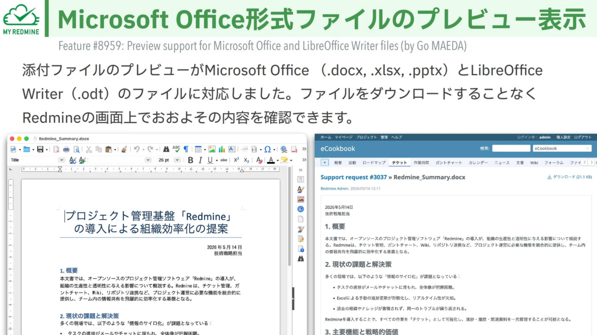 RedmineがMicrosoft OfficeやLibreOffice形式ファイルのプレプレビューに対応したことを示す画像