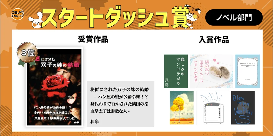 コミノバチャレンジの「スタートダッシュ賞ノベル部門」の結果発表を示す画像