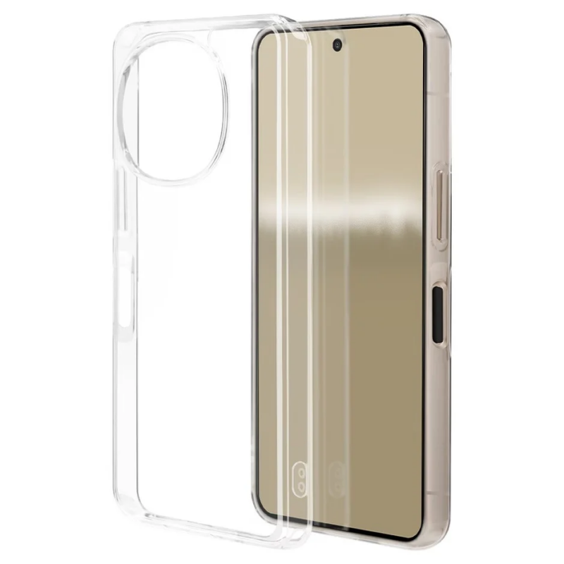 白い背景に、透明なスマートフォンケースとスマートフォン本体が並べて配置されています。ケースはカメラ部分に大きな円形の開口部があり、スマートフォンの側面にはボタンが見えます。