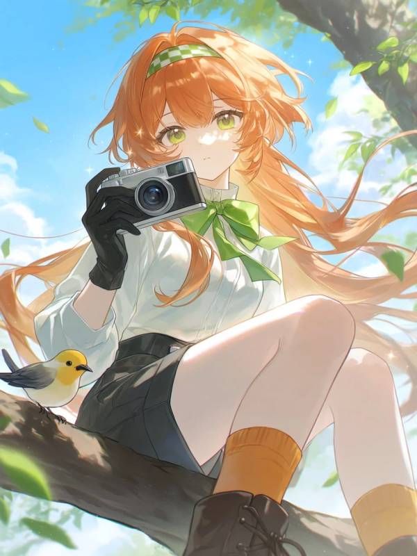 カメラを持つ少女と小鳥