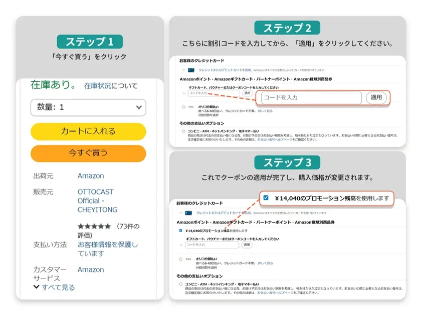AmazonのようなECサイトでの商品の購入手続きと割引コード(クーポン)の適用方法を3つのステップで解説する画像です。