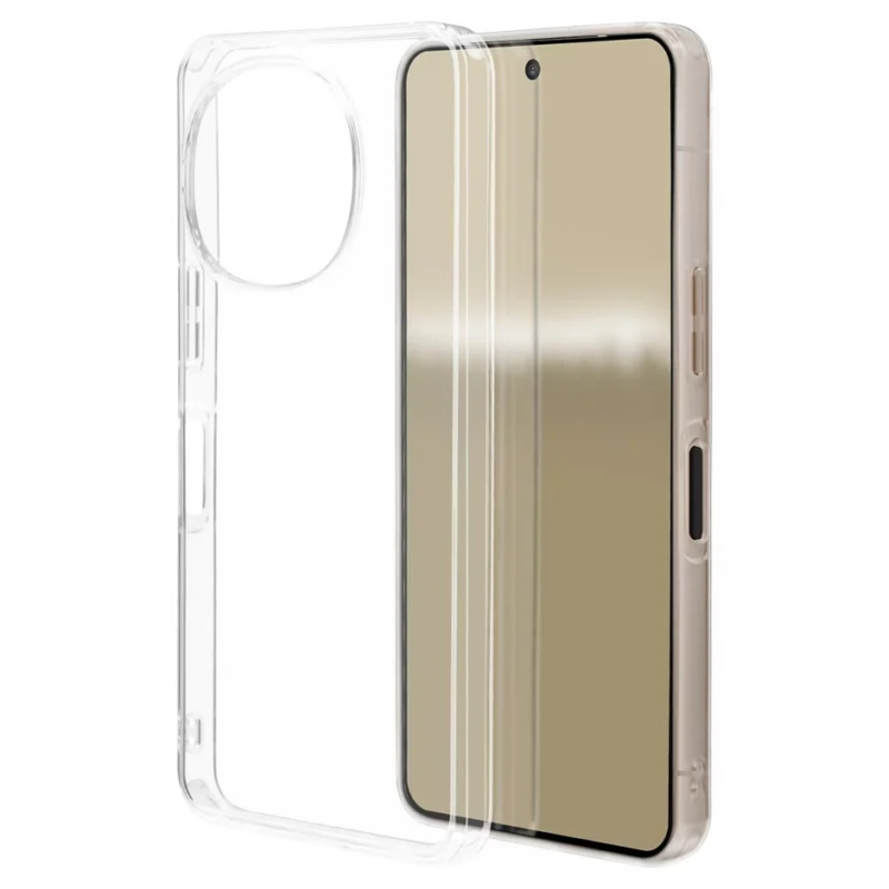 透明なスマートフォン用クリアケースとスマートフォン本体を並べて撮影した画像です。ケースはカメラ部分やサイドボタンに合わせた切り抜きがあります。