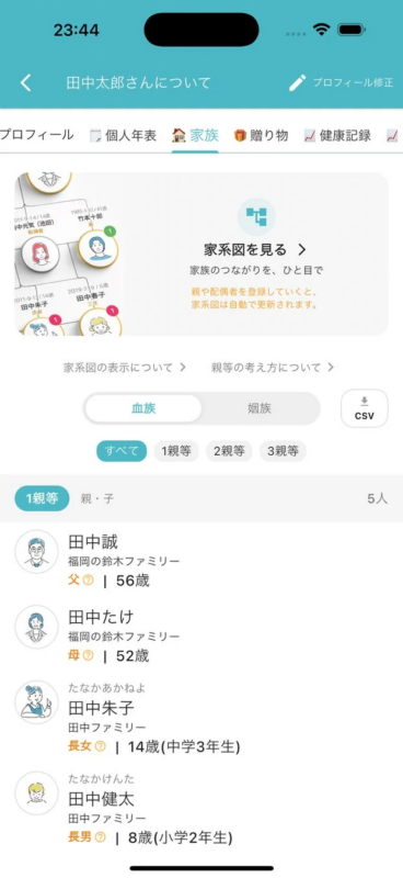 家族一覧画面（親等ごとに表示）