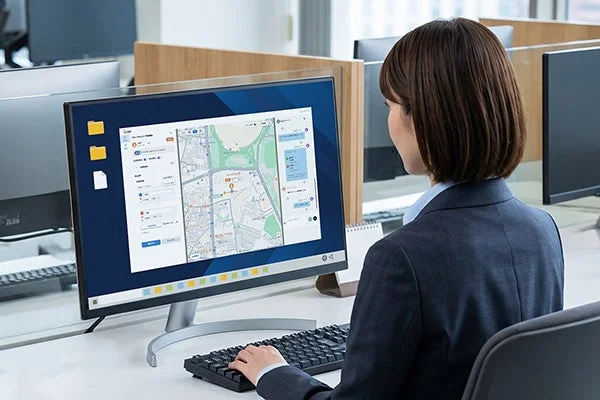 オフィスで働く女性がパソコンに向かい、モニターに表示された地図ベースのアプリケーションを操作しています。ルートプランニングや位置情報の管理を行っている様子で、集中して作業に取り組んでいます。