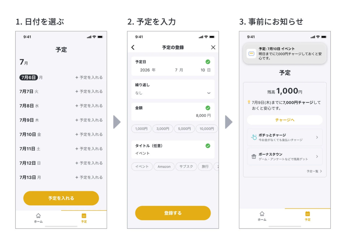 スケジュール管理と残高確認ができるモバイルアプリの画面遷移