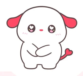 ハートの目とピンクの耳、しっぽを持つ、白い子犬のようなかわいいキャラクターのイラスト