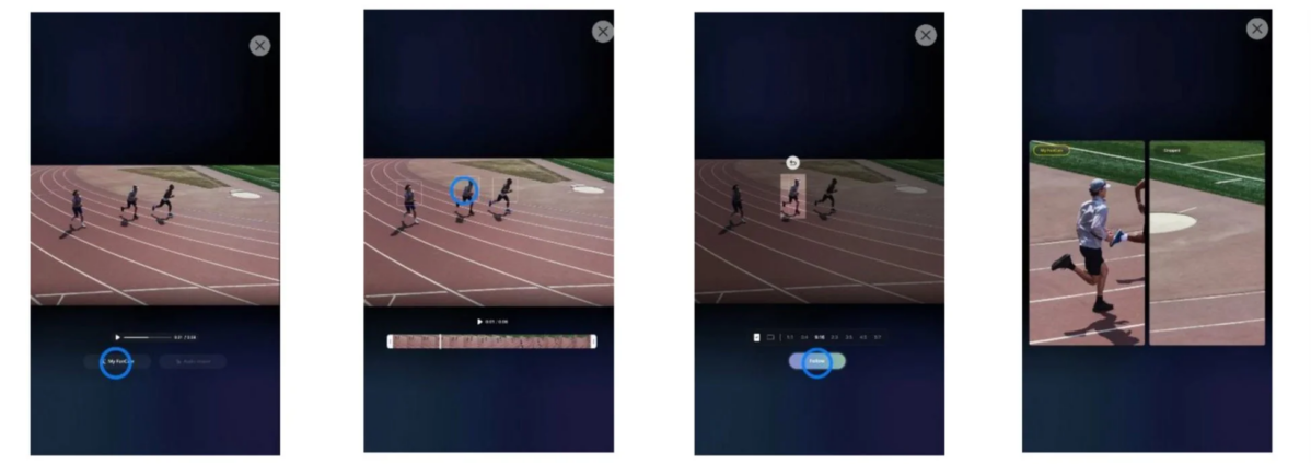 陸上競技場で走る人々を映した動画の編集プロセスを示す画像です。オブジェクトトラッキング、トリミング、アスペクト比設定などの動画編集機能が、異なるフレームで段階的に示されています。