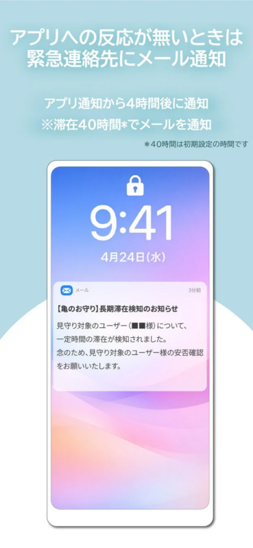 アプリへの反応が無いときは緊急連絡先にメール通知