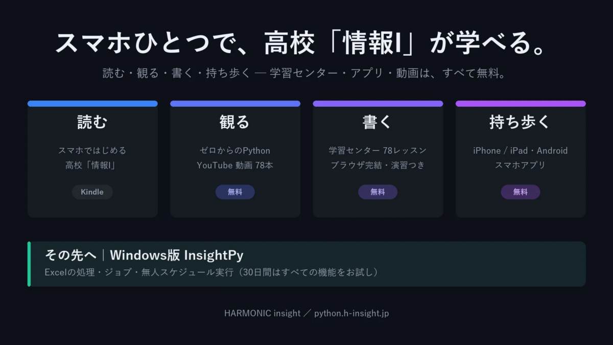 スマホ一つで高校「情報I」が学べるInsightPyの全体像