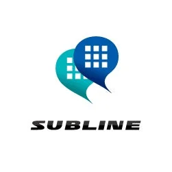 白い背景に「SUBLINE」の文字と、グリッド模様が入った青とターコイズ色の吹き出し型アイコンが描かれたロゴ画像です。コミュニケーションやテクノロジー関連のサービスを想起させます。